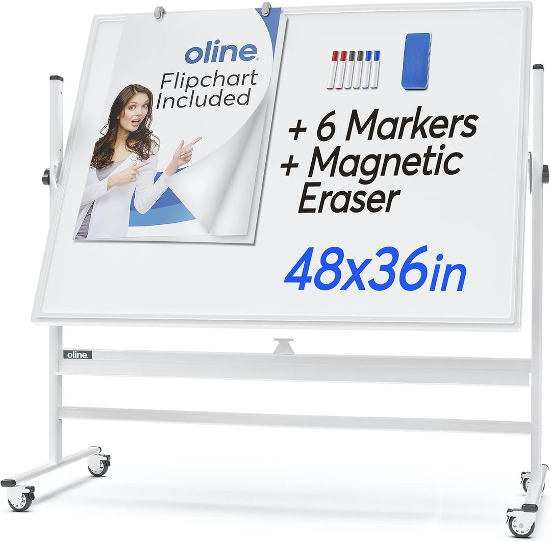 Oline Mobile Whiteboard 48 x 36 Inch Large Height Adjust 360 Magnetic Rolling Double Sided Reversible Dry Erase Board