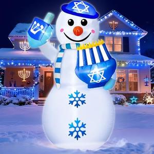 TURNMEON 5.5 Feet Hanukkah Inflatable Decoration Snowman Holds Dreidel with Built-in LED Lights Hanukkah Blow Up Chanukah Decorations Wear Hat and Scarf Chanukah Inflatables Outdoor Yard Holiday Party