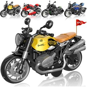 4-Pack Pull-Back Motorcycle Toys - Friction Powered Kids Toy Cars with Lights, Sounds & Automatic Drive for Boys & Girls Aged 3-12
