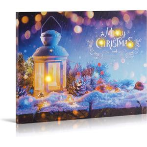 Synovana Christmas LED Lighted Canvas Wall Art  16" x 12" Light Up Xmas Holiday Pictures Decoration Wall Art Prints for Living Dining Room Decor - Merry Christmas and Happy New Year