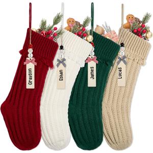 Personalized Christmas Stockings with Wooden Name Tags, 4 Pack 18 Inches Large Size Knitted Xmas Hanging Stocking for Fireplace, Family Holiday Party Decorations (Style2)