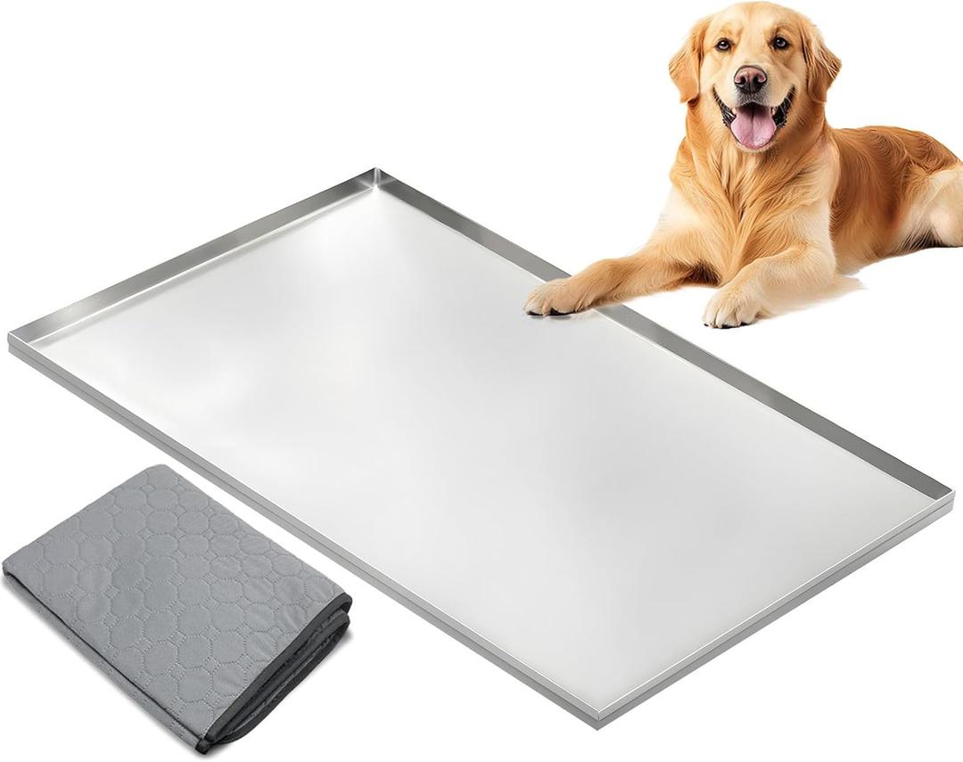 46.5" x 27.5" Stainless Steel Crate Pan with Mat  Heavy Duty Chew & Crack Proof Tray for Large Dog Kennels, 1" High Edge for Spill Protection