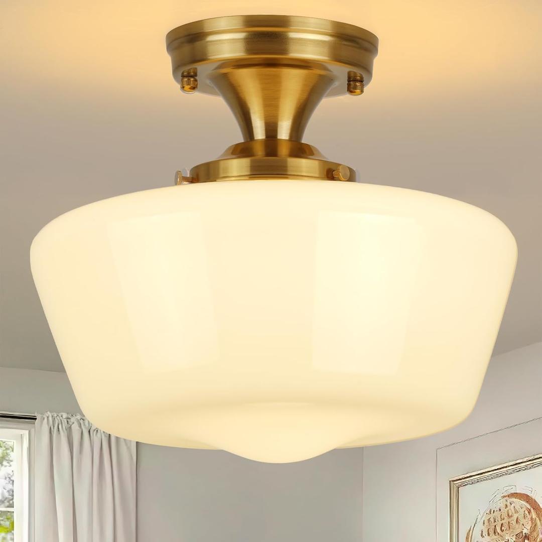 Gold Semi Flush Mount Ceiling Light Fixture, 12" Wide Opal Milk Glass Shade, Vintage Schoolhouse Style Lighting for Kitchen, Bedroom, Hallway, Modern Mid-Century White Lamp, Entryway Foyer (Milk White B)