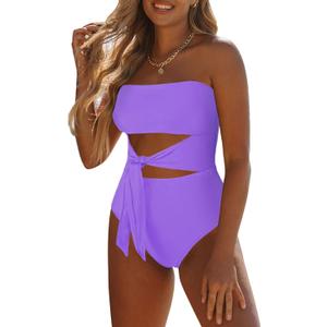 Viottiset Women's Bandeau One Piece Swimsuit Strapless Tie High Cut Out Bathing Suit S