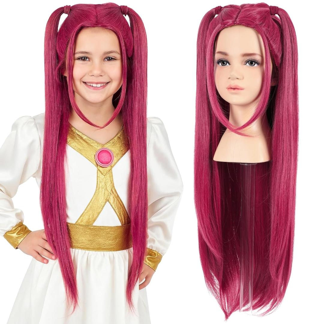 Morvally 27.6 Inches Long Red Wig with 2 Ponytails - Anime Cosplay Wigs for Halloween Costume Party (Red, Small Head)