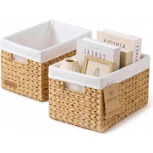 Water Hyacinth Wicker Baskets for Storage, Handwoven Rattan Shelf Basket for Organizing Pantry Closet Bedroom, 100% Natural Decorative Woven Organizer with Handles and Waterproof Canvas, 2 Pack