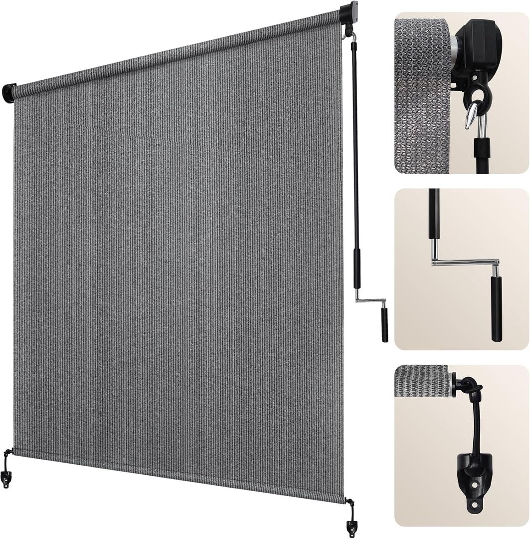 Artpuch Outdoor Roller Shade 7' W x 8' H, Gray Exterior Cordless Patio Shades Roll Up Blinds with Spliced Pole Design, (2 Poles, One-Piece Fabric), 84"W x 96"H