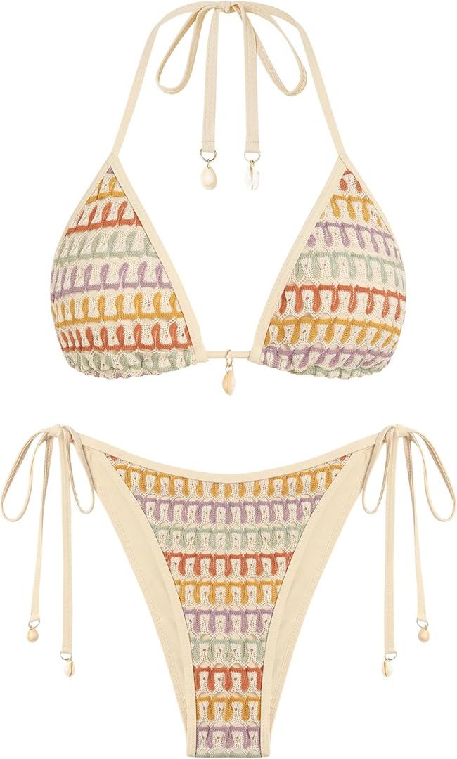 ZAFUL Women's Colorblock Stripes Triangle Halter Tied Cheeky Thong Bikini Set High Cut Two Piece Bathing Suit (2-Beige, S)