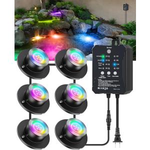 HIBOITEC LED Pond Lights, RGB Underwater Fountain Light with 12V Timer Transformer, Photocell Light Sensor, IP68 Waterproof Outdoor Underwater Lights for Outdoor Ponds Garden, 6 Pack