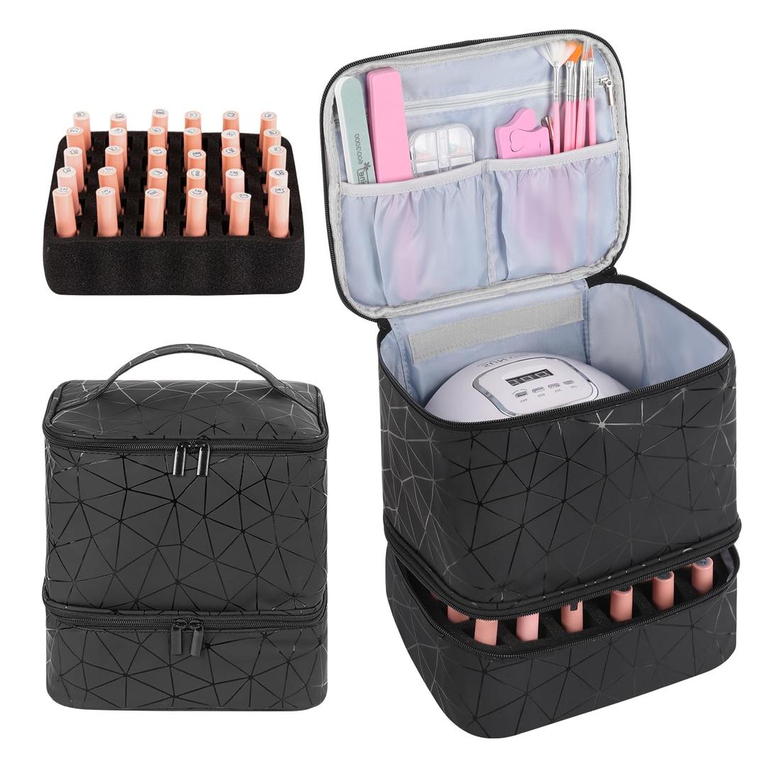 Nail Polish Storage Organizer Double Layer Gel Nail Polish Bag for Nail Dryer UV Light Carrying Case Holds 30 Bottles Travel Portable Compartment Case for Manicure Supplies, Black (BAG ONLY)