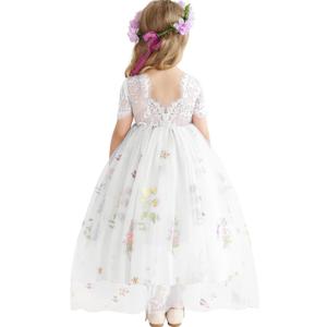 Flower Girl Lace Back V-Neck Dress Full-Length Floral Embroidered Toddler Tutu Tulle Dresses for Girls (3-4T, White)
