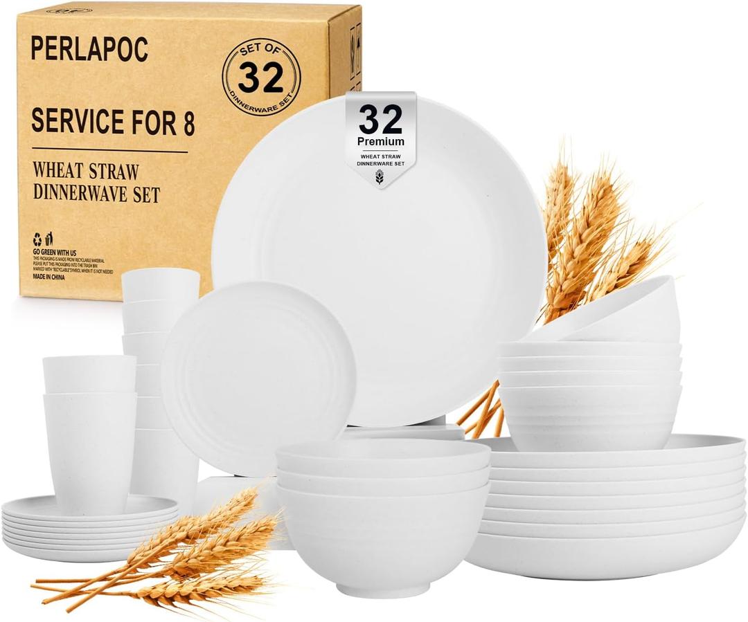 Wheat Straw Dinnerware Sets Service for 8, 32 Piece Plates and Bowls Sets, Microwave & Dishwasher Safe Dishes, Perfect for Kitchen Camping Picnic RV Dorm - White