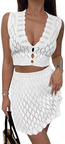 Saodimallsu Womens Two Piece Crochet Swimsuit Cover Ups Sleeveless V Neck Crop Tops Skirt Sets Beach Vacation Outfits, Medium, White 