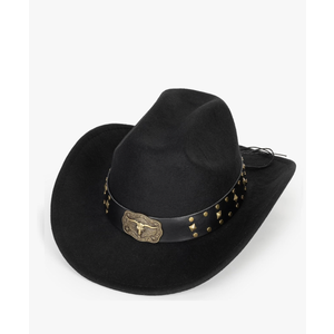 Western-Cowboy-Hats for Women Men - Classic Wide Brim Felt Fedora Unisex Upturn Bull Head Cowgirl Caps with Buckle Belt