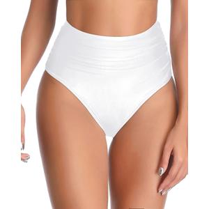 Tempt Me Women High Waisted Bikini Bottom Full Coverage Swimsuit Bottom (Small, White)