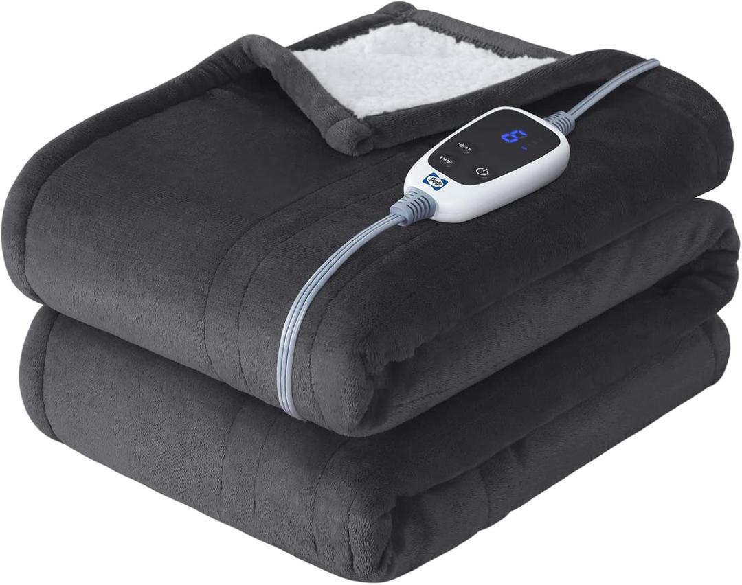 SEALY Heated Throw Blanket, Flannel & Sherpa Reversible Electric Throw with 6 Heating Levels & 2-10 Hours Auto Shut Off, Machine Washable, 50x60 Inch, Dark Grey