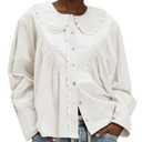 Ymejia Womens Peter Pan Collar Shirt Cotton Button Down Blouses Lace Trim Loose Fit Spring Casual Work Beach Long Sleeve Shirts White M