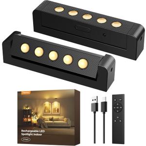 LED Spotlights Indoor, 5500mAh Rechargeable 300 Lumen Spot Lights Indoor, Wireless Uplights with Daily Auto TimerDimmable, Picture Lights for Plants Display Painting Artwork (2 Pack, Black)