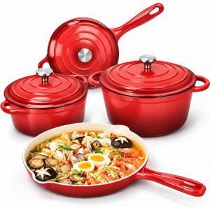 Enameled Cast Iron Cookware Set,7 Piece Dutch Ovens Set,Red, Variety Pack