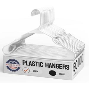 Made in USA White Plastic Hangers 50 Pack - Clothes Hangers with Shoulder Grooves, Space Saving & Heavy Duty Coat Hanger Premium Closet Organizers as Coats, Dress and Pants