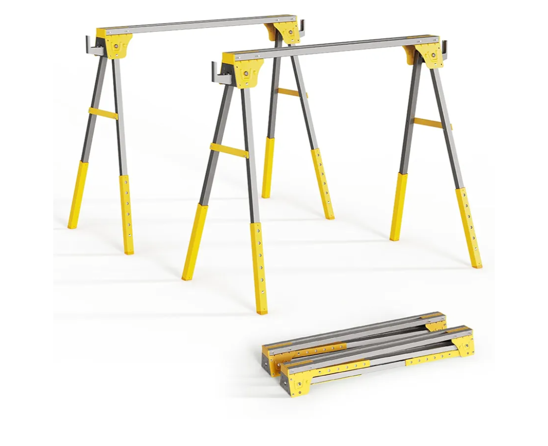 Adjustable Height Sawhorse 2 Pack, Folding Portable Saw Horses with 30-34 inch Adjustable Legs, Heavy Duty Steel Pro Bench Saw Horse for Woodworking, Carpenters, Contractors, Fully Assembled (yellow)