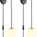 Plug in Wall Sconces Set of 2 Black and Brass Gold Wall Sconces Set of Two Plug in Hanging Wall Lamp with Plug in Cord with Globe White Glass Shade Vintage Wall Lights with Switch for Bedside