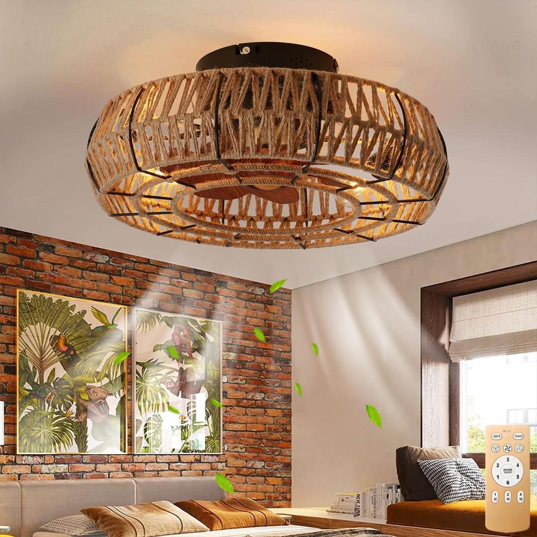 20" Caged Ceiling Fans with Lights and Remote, Boho Flush Mount Ceiling Fan with Light, Low Profile Chandelier 6 Speed Bladeless Reversible Ceiling Fan w/ 4 Bulbs. for Living Room Bedroom.