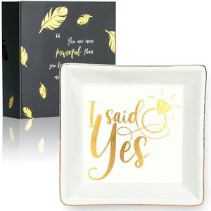 Ring Dish for Engagement, Ceramic Jewelry Dish, Trinket Dish Tray, Jewelry Organizer, Gift Box & Card Included, Perfect for Anniversary/Valentine's Day/Wedding - I Said Yes