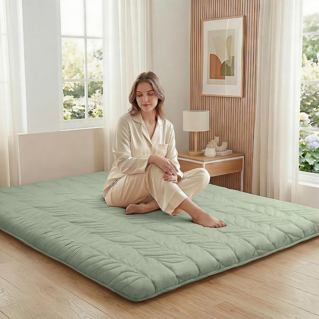 ZonLi Japanese Floor Mattress Futon Mattress Full Size, Thicken Roll Up Tatami Mat 100% Cotton Washable Cover, Portable & Foldable Floor Bed Mattress for Sleeping, Dormitory, Adult Kids, Green