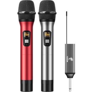 TONOR Wireless Microphones, Cordless Mic with Rechargeable Receiver, 200ft Range UHF Handheld Dynamic Microfonos Inalambricos Professional for Karaoke Singing Party Wedding Church TW630 Silver&Red