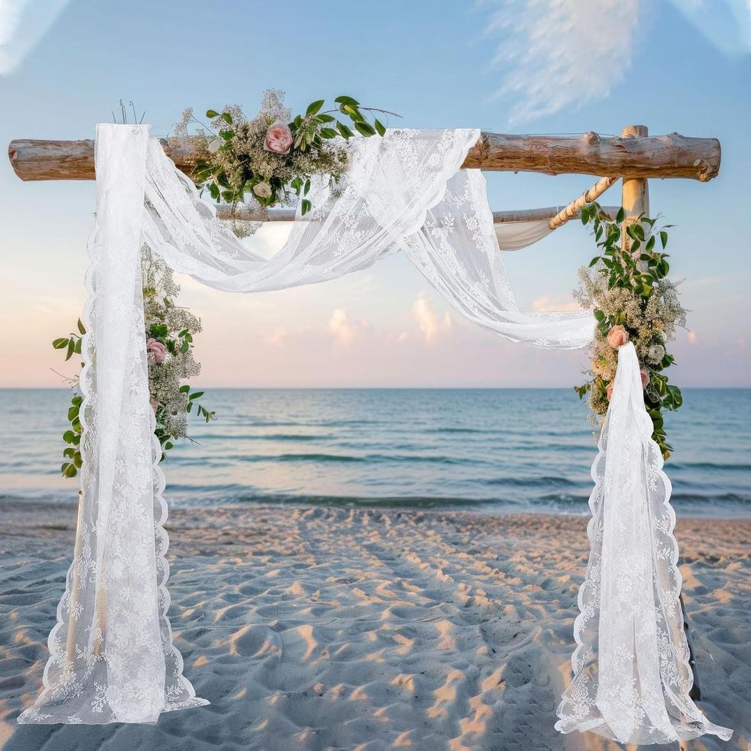 HunnmingRe 2 Panel White Wedding Arch Draping Fabric Summer 30" X 18 FT Lace Wedding Arch Drapery Embroidered Boho Rustic Backdrop Vintage Decor for Bridal Shower Church Ceremony Decoration