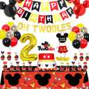 Mickey Mouse 2nd Birthday Party Supplies Oh Twodles Theme Party Decorations Includes Felt Banner,Welcome Hanger Door Sign, Tablecloth,Cake Cupcake Toppers,Mickey Head Balloons, 12 Latex Balloon,