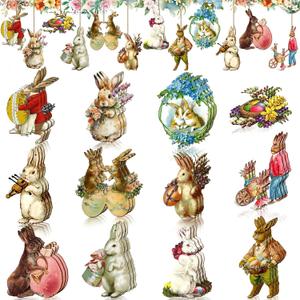 Huwena 36 Pcs Easter Tree Decorations Wooden Bunny Ornaments for Tree Vintage Rustic Farmhouse Decorations Bunny Shapes Hanging Ornaments for Home Party Decor Valentine's Day Gift