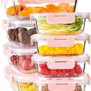 16PCS (8 Bowls + 8 Lids) High Borosilicate Glass Meal Prep Containers, Food Storage Containers with Airtight Lids, Glass Lunch Bento Boxes,Dishwasher Safe, pink