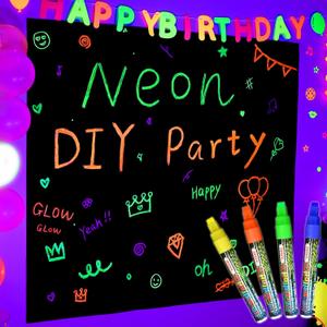 Mega-L Glow In The Dark Party Supplies, Neon Halloween DIY party decorations with 4 fluorescent colored pens, Lets Glow Photography Background Birthday Graffiti Black Light Photo Booth (5.2x5.9 feet)