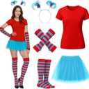 5 Pcs Tulle Tutu Costume Accessories Set Women T Shirt/Striped Socks/Tutu Skirt/Blue Headband/Stretchy Gloves (Medium)
