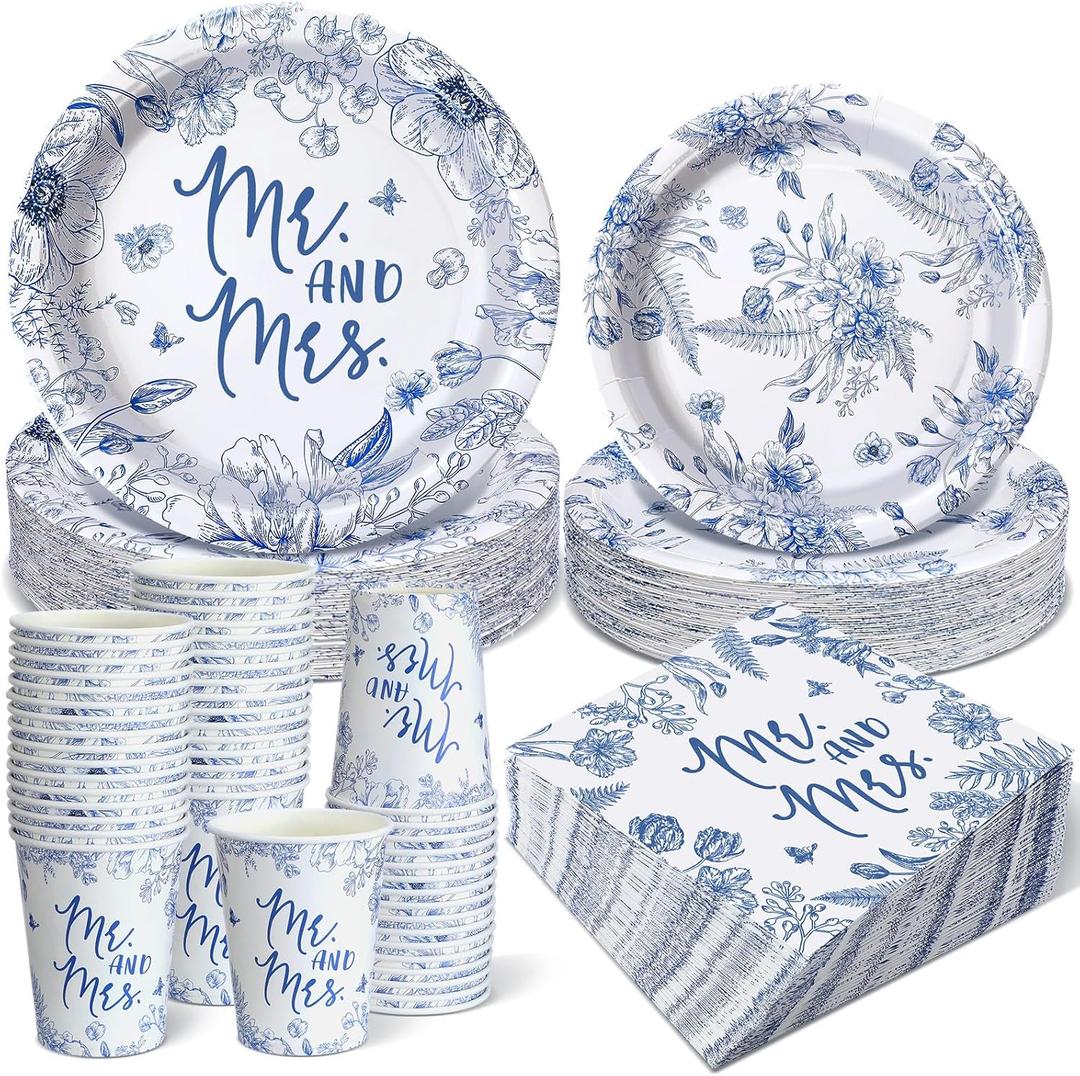 Zhehao 250 Pcs Mr. and Mrs. Bridal Shower Plates Napkins Sets 50 Pcs 9'' Dinner Plates and 7'' Dessert Plate and 9oz Cups 100 Napkins Serves 50 Party Supplies Bridal Shower Engagement Decoration (Blue)