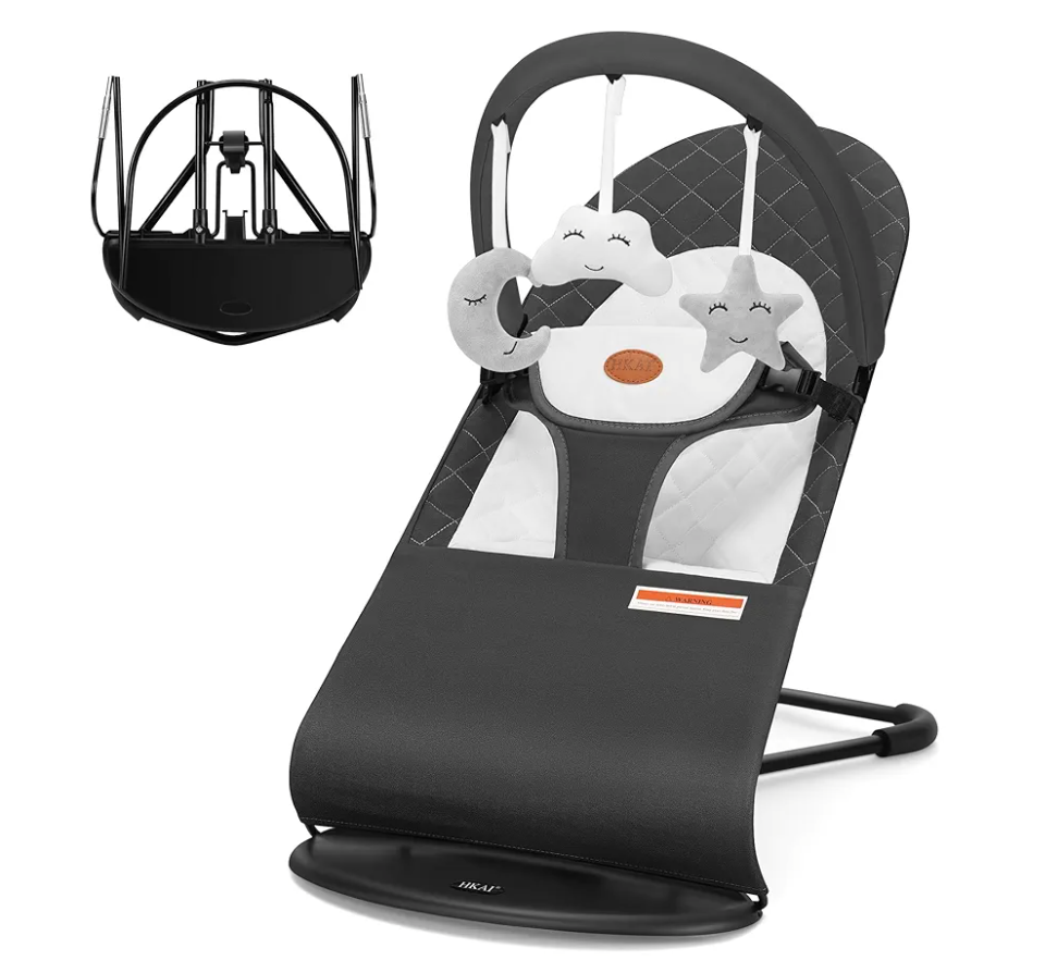 HKAI Baby Bouncer, Portable Baby Bouncer Seat for Babies 0-18 Months, 100% Cotton Fabrics, 3 Modes of use with Rocker and Stationary Options, Infant Rocker Chair with Hanging Toys-Dark Grey