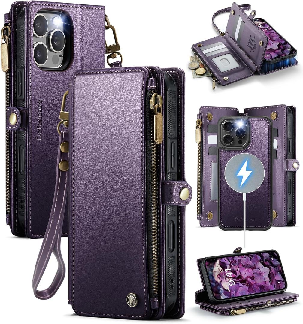 Defencase for iPhone 16 Pro Max Magnetic Wallet Case Compatible with Magsafe with RFID Blocking Zipper Strap Card Holder for Women Men PU Leather Detachable Case for iPhone 16 Pro Max (6.9"), Purple