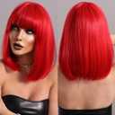 PARK YUN Short Red Bob Wigs for Women Glueless Synthetic Shoulder Length Wig with Bangs Heat Resistant Straight Blunt Cut Wig for Girls Daily Party Cosplay 14 inch