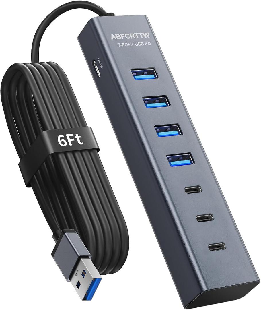 6Ft 7-Port USB Hub 3.0 for Desktop, 4 USB-A & 3 USB-C Ports Aluminium 5Gbps USB Extender Hub, USB Splitter, USB Hub Long Cable for Desktop, PC, Flash Drive, Mobile HDD SSD, Windows/XPS