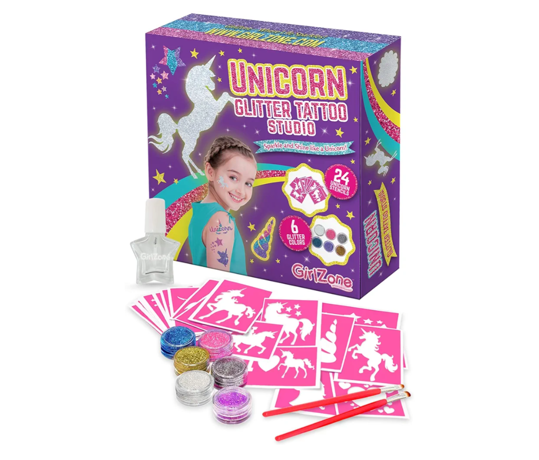 GirlZone 33 Fun Pieces Unicorn Glitter Tattoo Kit for Kids, Face & Skin-Friendly, Includes 24 Stencil Designs, 6 Colorful Cosmetic Glitters, 2 Brushes & 1 Body Adhesive, For Ages 3+