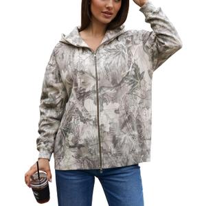 Women Camo Hoodie Oversized Fleece Full Zip Up Sweatshirt Casual Long Sleeve Jackets Trendy Fall Clothes With Pockets Large