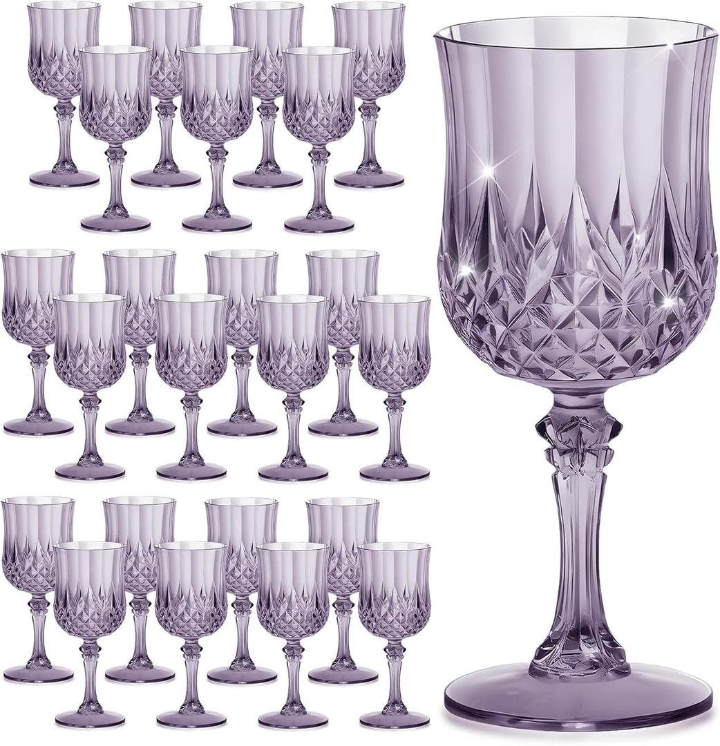 HTTBEIZI 7OZ Plastic Wine Glasses, Reusable Vintage Goblets Unbreakable Drinking Glasses Crystal Water Cups Champagne for Wedding, Parties (24, Dark Purple)