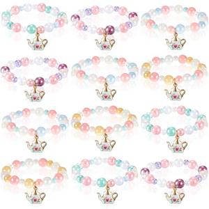 Ecally 12 Pcs Tea Party Favors Bracelet Gift Tea Pot Beaded Bracelet Bulk Party Supplies Pot Pendant Accessories Decorations for Kids Girl