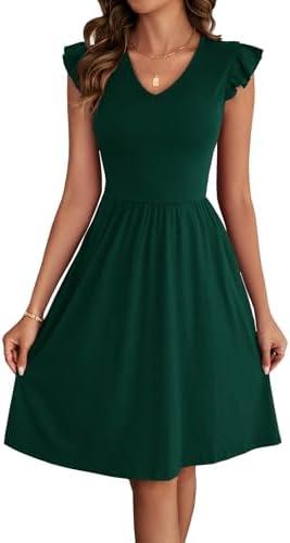 HELYO Women's Summer Dresses Cute V Neck Ruffle Sleeve Cocktail Short Work Casual Dress with Pockets 648, M, Green
