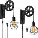 Farmhouse Plug in Wall Sconce Set of 2  Industrial Rustic Wall Lamp with Black Iron Cage & Wooden Pulley for Bedroom, Living Room, Hallway, Restaurant, Dimmable Wall Light Fixture