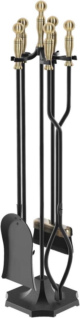5 Pieces 31In Fireplace Tools Set, Wrought Iron Fireplace Tools with Ergonomic Handle, Fireplace Accessories Set Included Tong, Shovel, Base, Poker and Brush for Indoor (Antique Bronze)