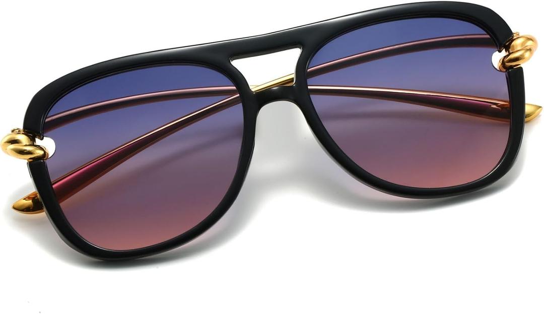 Hanj Retro Square Aviator Sunglasses for Women Men 70s 80s Classic Shades Gold Temple Fashion Glasses (Blue)