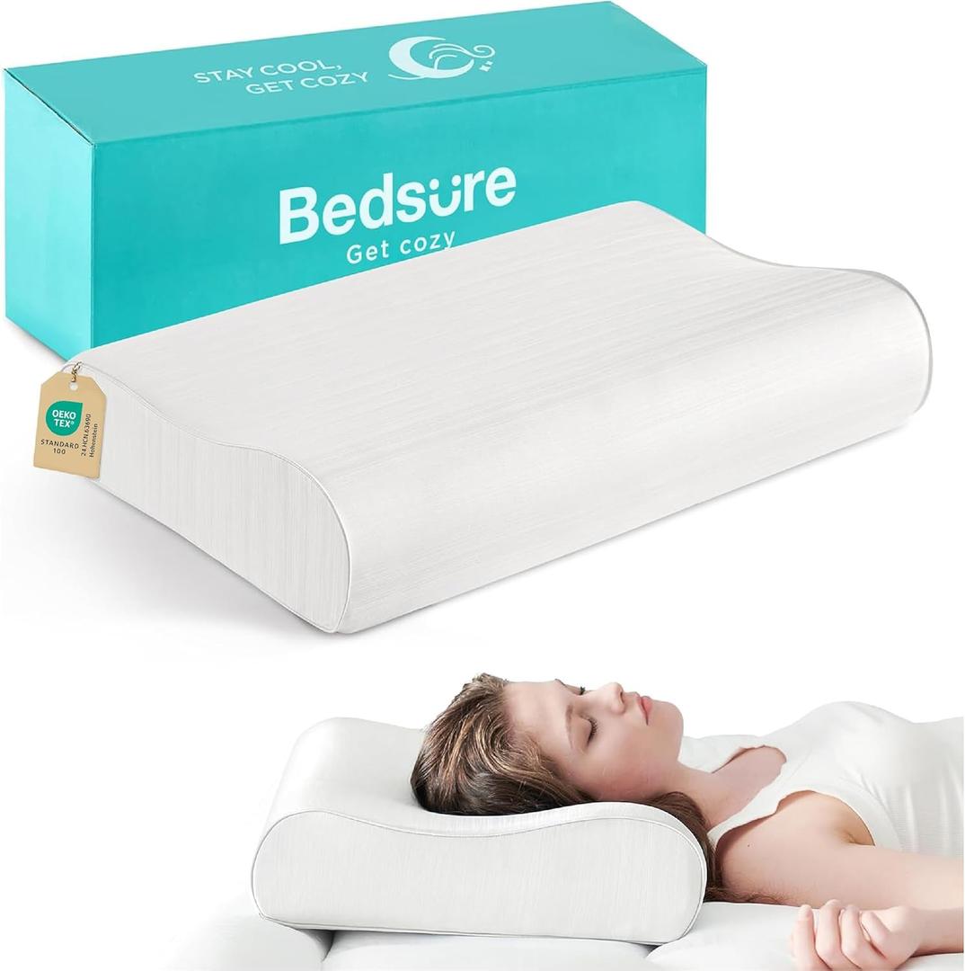 Bedsure Cervical Neck Support Pillow for Sleeping, Ergonomic Odorless Memory Foam Cervical Contour Orthopedic Pillow for Neck Pain Relief, for Side, Back, Stomach Sleeper (Queen, White)